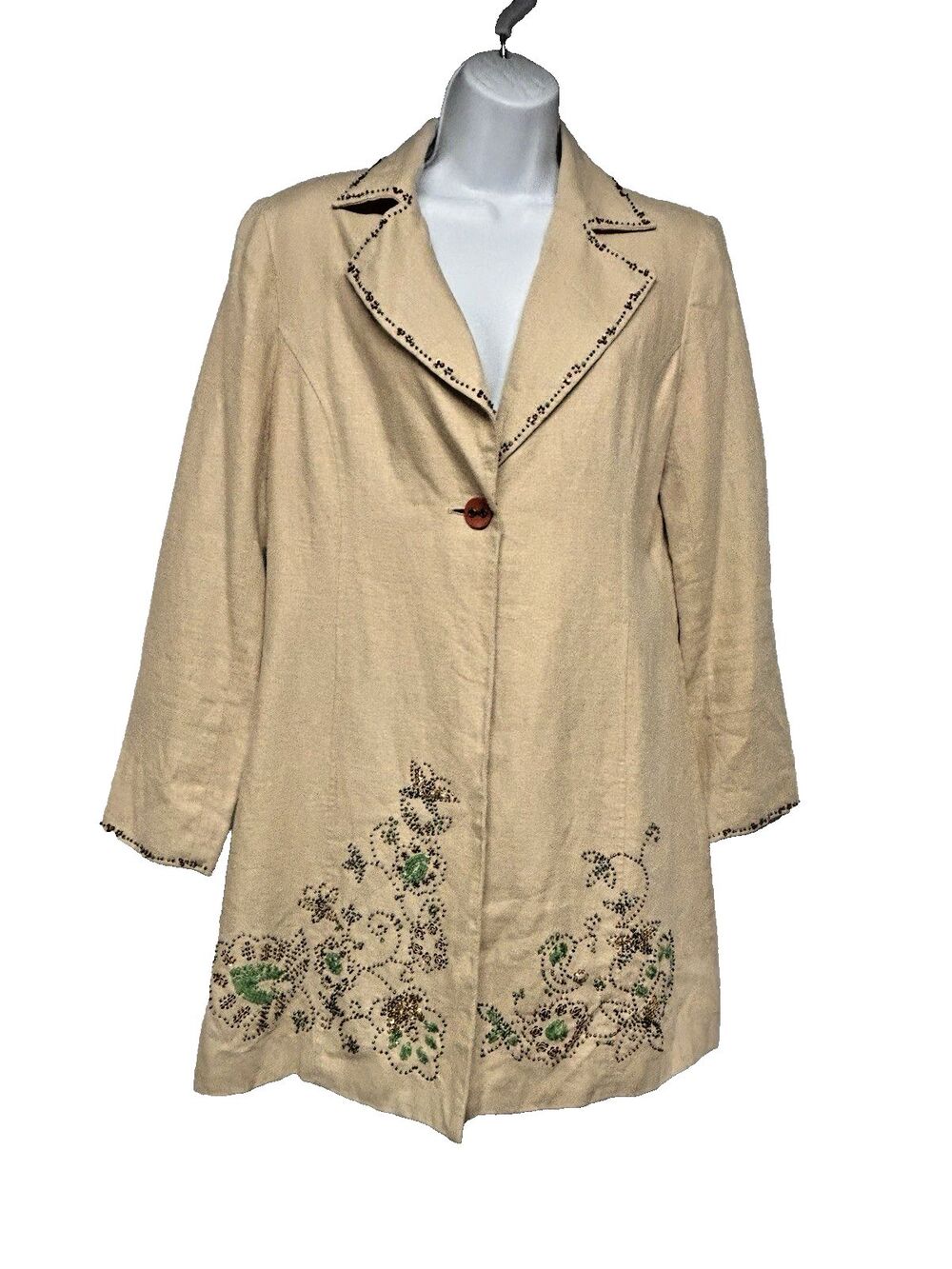 Pursuits Women 8 100% Linen Tan Beaded Lined Blazer Jacket 1 Button Notch Lapel